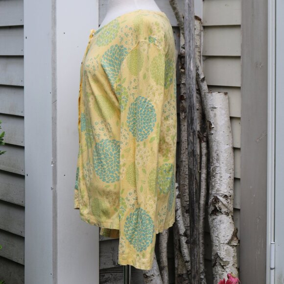 Icantoo Nantucket Yellow w Blue Green Floral Cotton Button Cardigan Sz LARGE - Picture 4 of 7